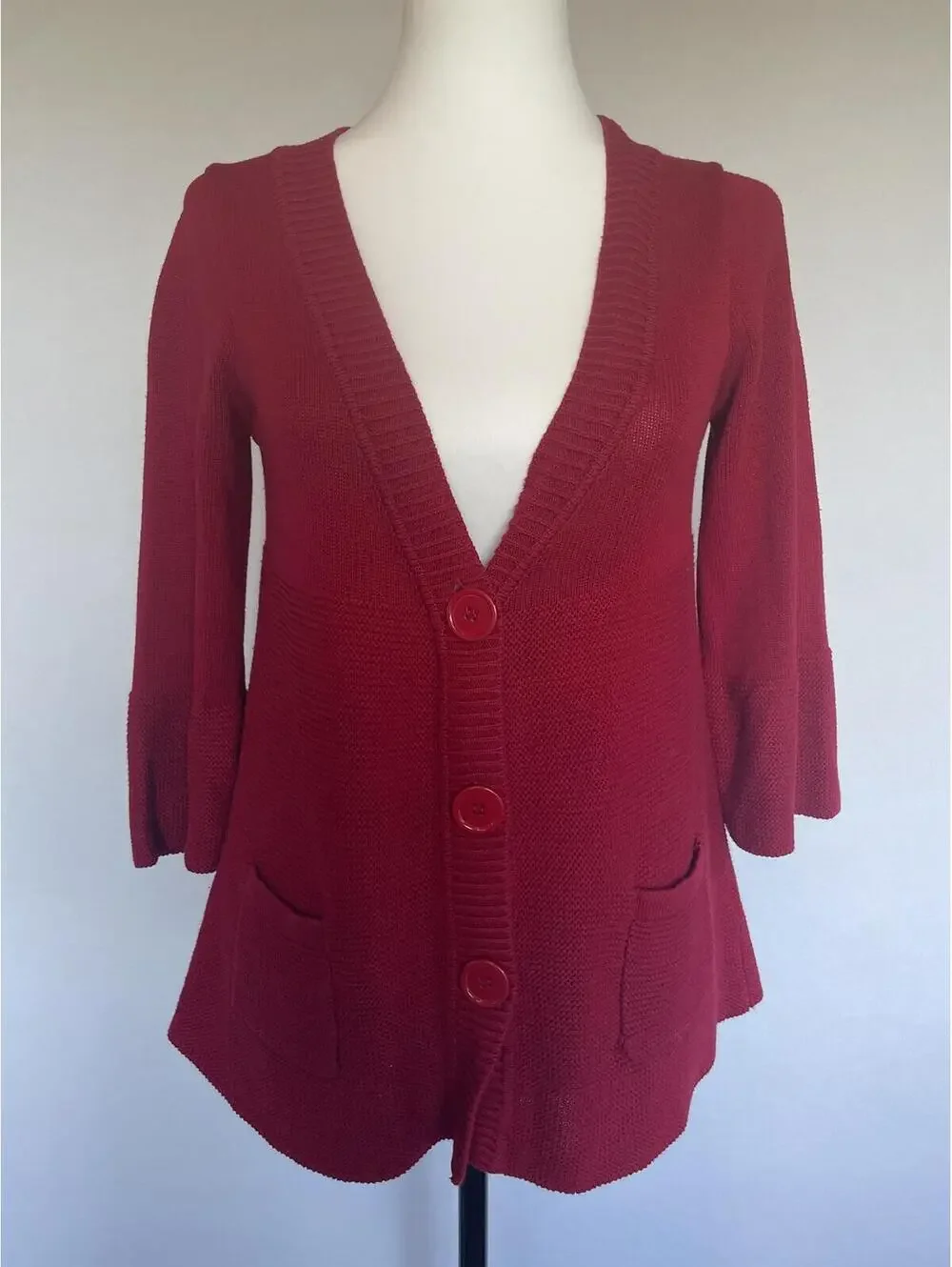 Red V-Neck Cardigan Sweater Size Small